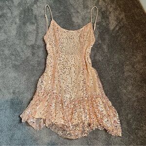 showpo rose gold sequin mini dress ruffle hem